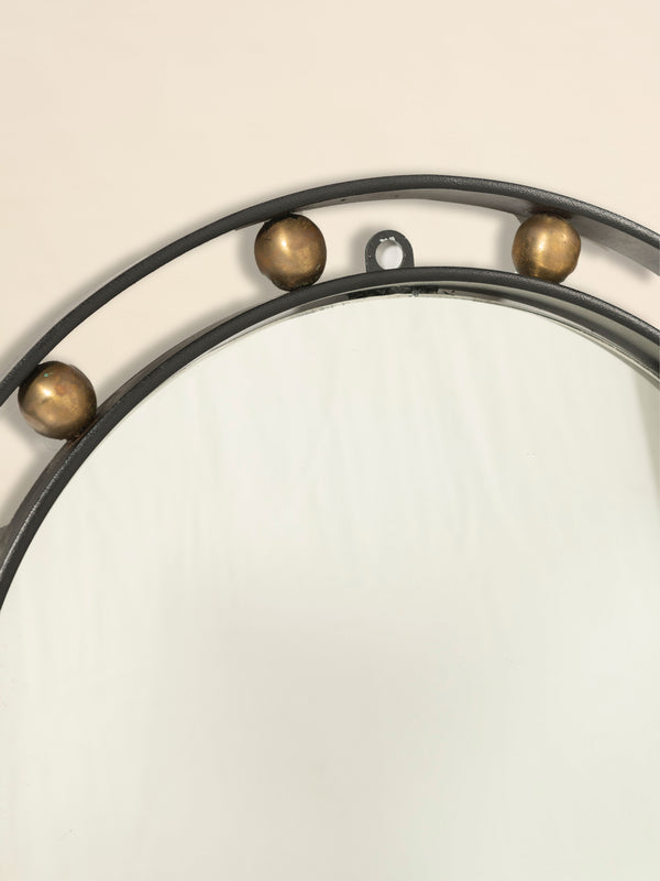 Mid Century Modern Black Iron and Gilt Sphere Round Mirror, France