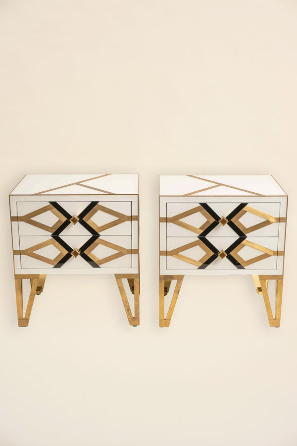Gold Brass Black & White Nightstands, Pair