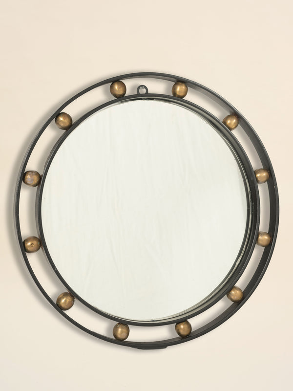 Mid Century Modern Black Iron and Gilt Sphere Round Mirror, France