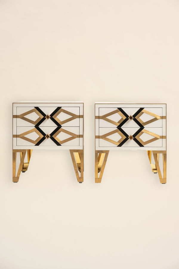 Gold Brass Black & White Nightstands, Pair