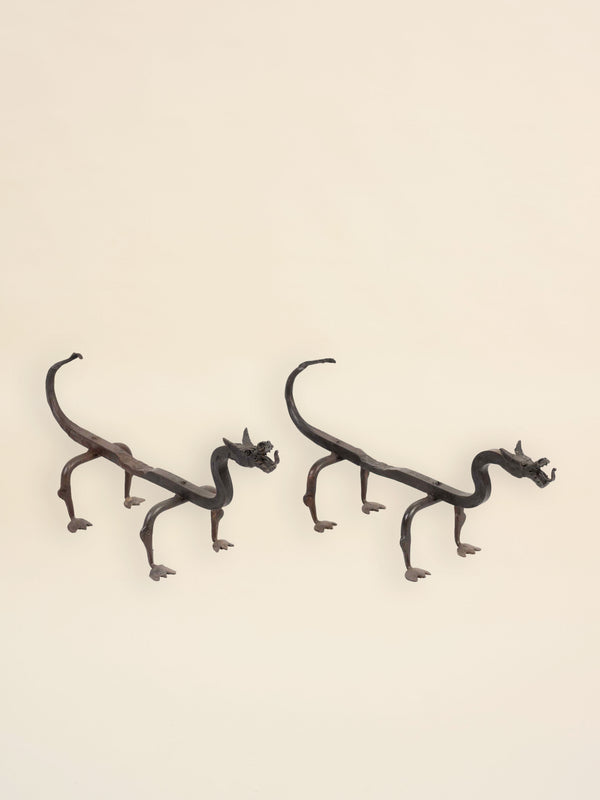 Vintage Hand Forged Wrought Iron Dragon Andirons