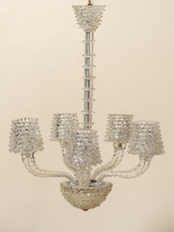 5-Arm Rostrato Murano Glass Chandelier, C 1950