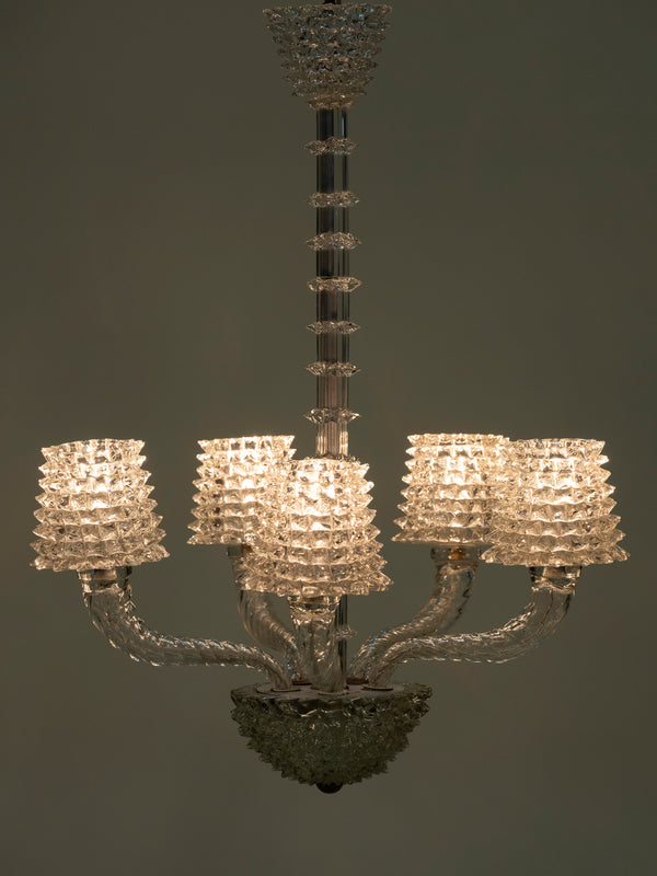 5-Arm Rostrato Murano Glass Chandelier, C 1950