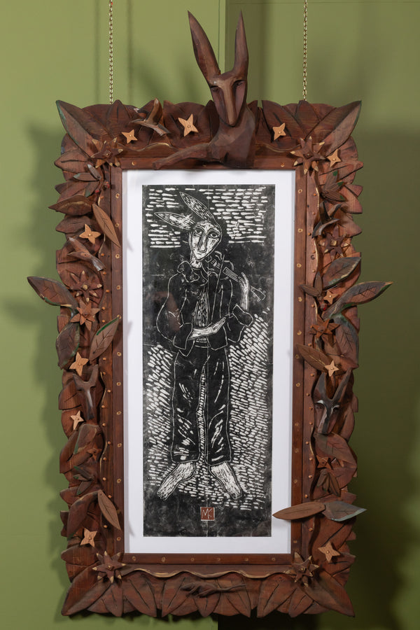 2009 Linoleum Block Print in Hand Carved Rabbit Frame, Michael Carey, (1948-2017)