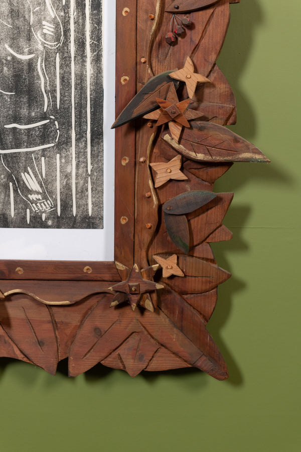 2009 Linoleum Block Print in Hand Carved Reindeer Frame, Michael Carey,(1948-2017)