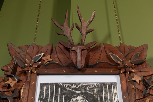 2009 Linoleum Block Print in Hand Carved Reindeer Frame, Michael Carey,(1948-2017)