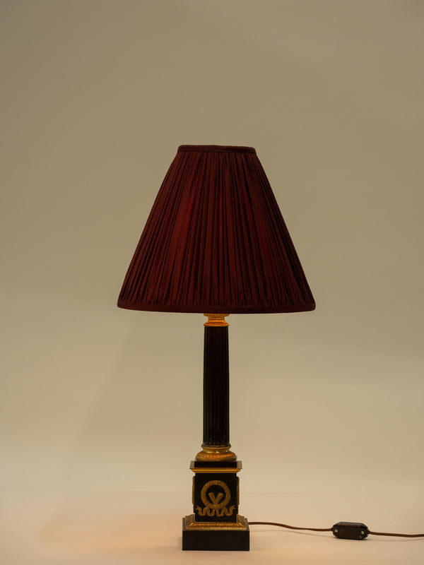 French Empire Style Column Lamp with Burgundy Silk Shade