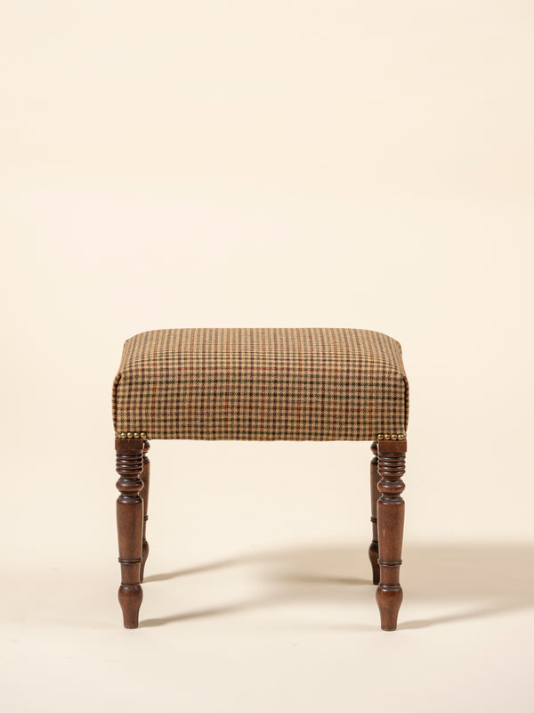 Menswear Upholstered Mahogany Stool, Houndstooth Plaid