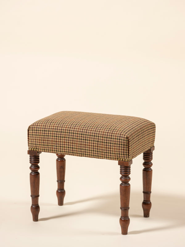 Menswear Upholstered Mahogany Stool, Houndstooth Plaid