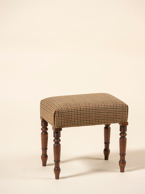 Menswear Upholstered Mahogany Stool, Houndstooth Plaid