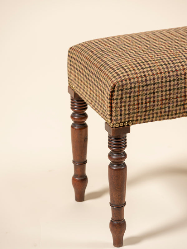 Menswear Upholstered Mahogany Stool, Houndstooth Plaid