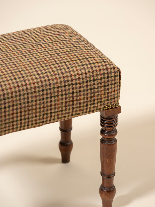 Menswear Upholstered Mahogany Stool, Houndstooth Plaid
