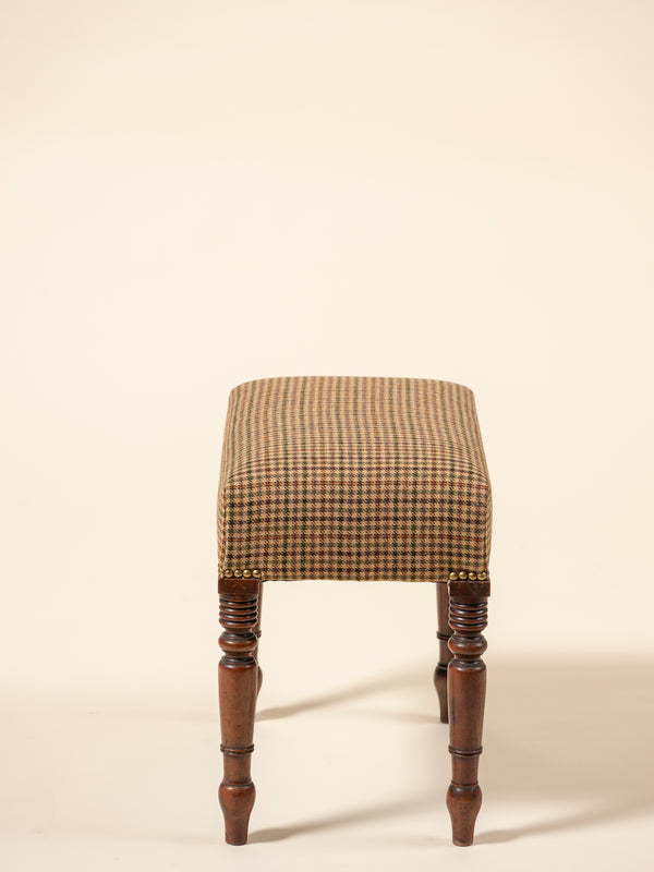 Menswear Upholstered Mahogany Stool, Houndstooth Plaid