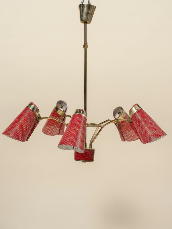 Italian Mid-Century Modern Red Metal and Brass Five Arm Adjustable Chandelier