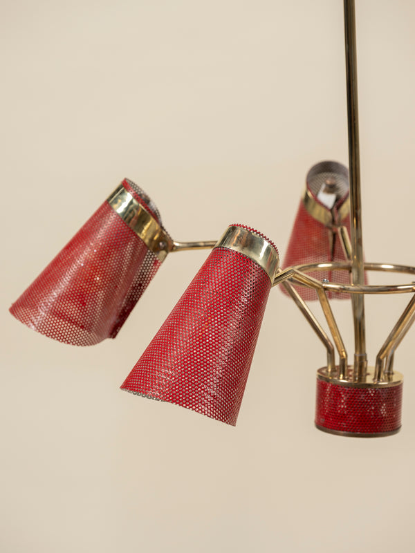 Italian Mid-Century Modern Red Metal and Brass Five Arm Adjustable Chandelier