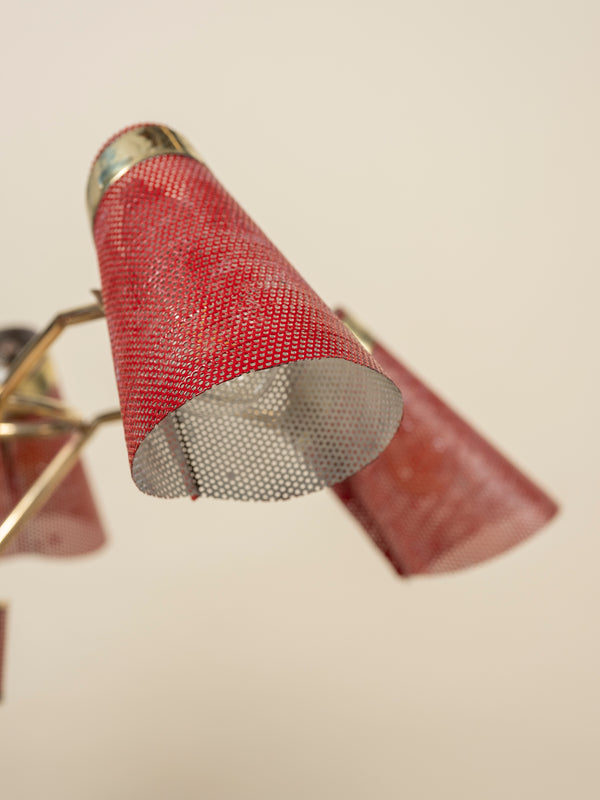 Italian Mid-Century Modern Red Metal and Brass Five Arm Adjustable Chandelier