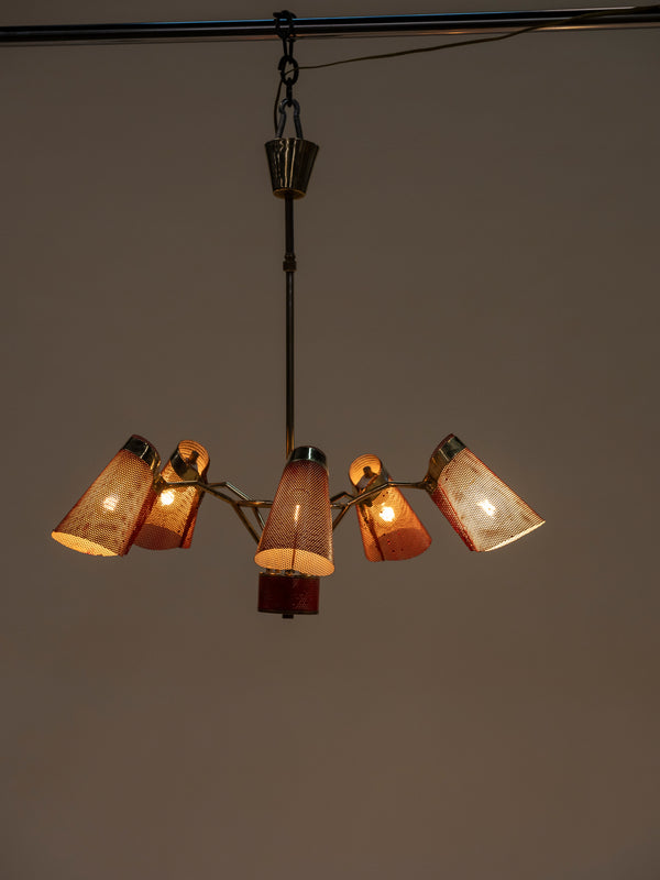 Italian Mid-Century Modern Red Metal and Brass Five Arm Adjustable Chandelier