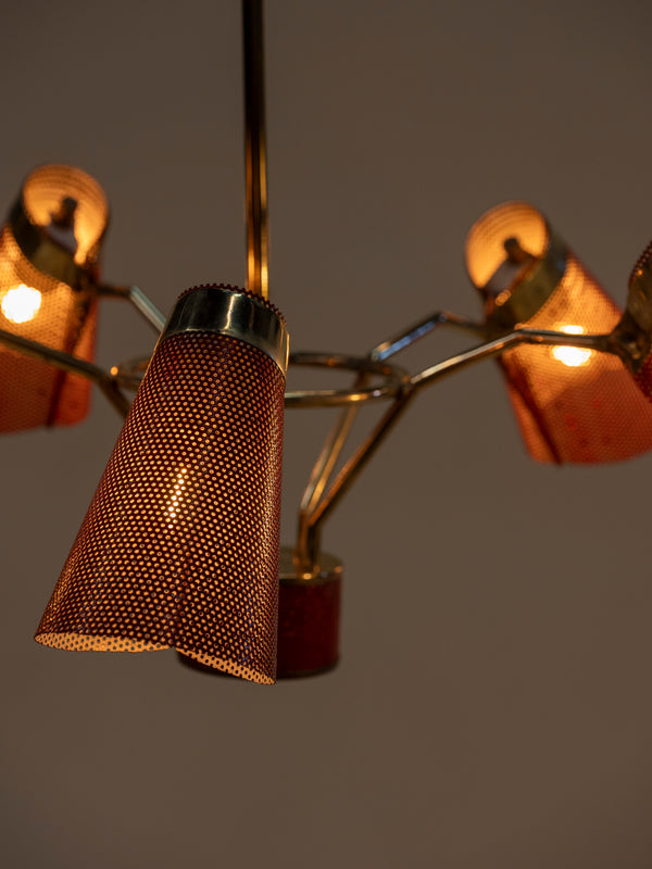 Italian Mid-Century Modern Red Metal and Brass Five Arm Adjustable Chandelier