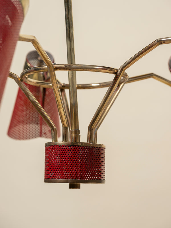 Italian Mid-Century Modern Red Metal and Brass Five Arm Adjustable Chandelier