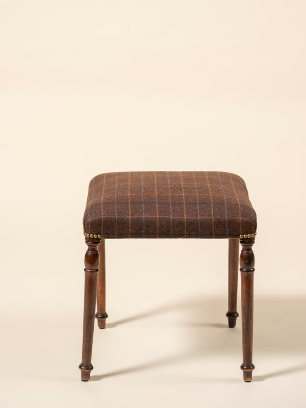 Menswear Inspired Vintage Upholstered Stool, Brown Tartan Plaid