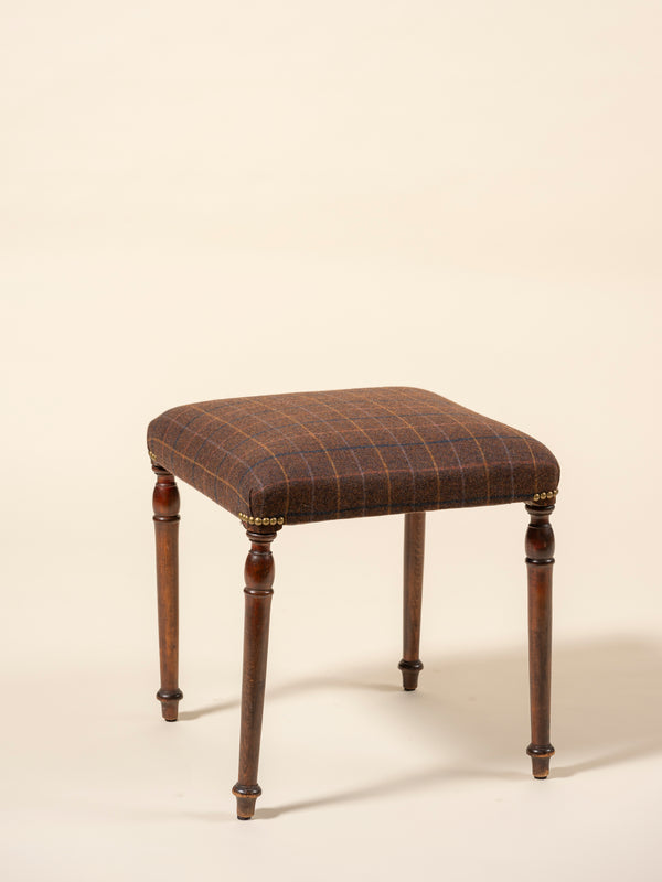 Menswear Inspired Vintage Upholstered Stool, Brown Tartan Plaid