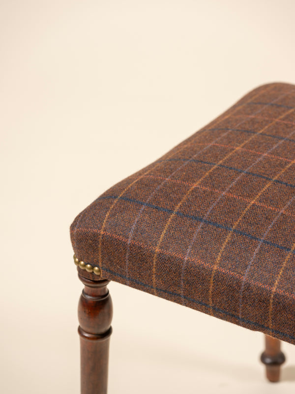 Menswear Inspired Vintage Upholstered Stool, Brown Tartan Plaid