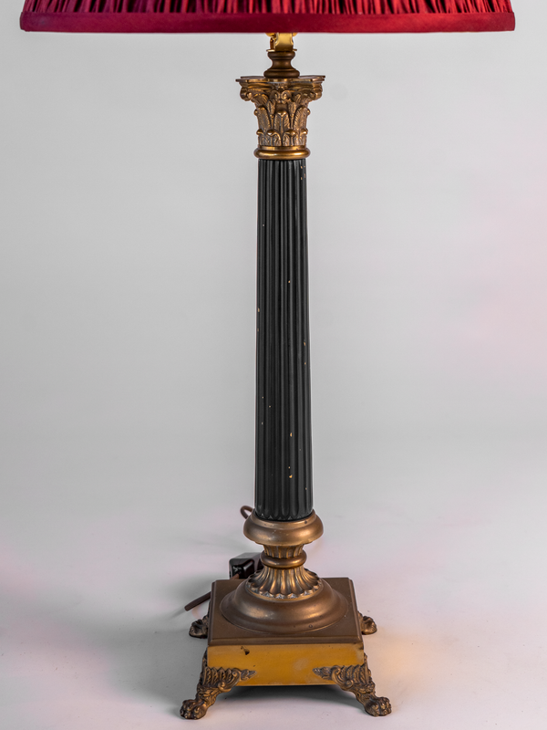 French Empire Style Column Lamp with Burgundy Silk Shade