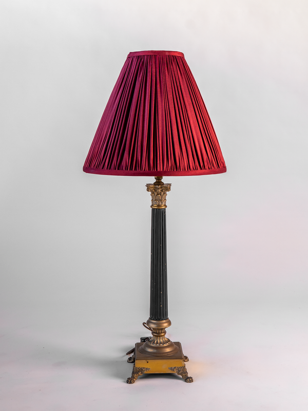 French Empire Style Column Lamp with Burgundy Silk Shade