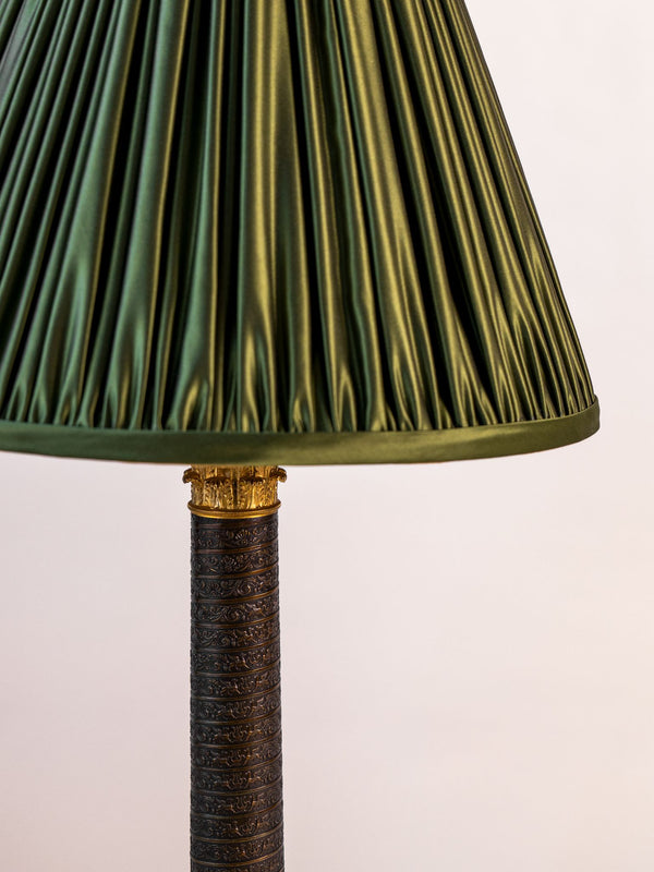 French Empire Style Column Table Lamp with Green Silk Shade
