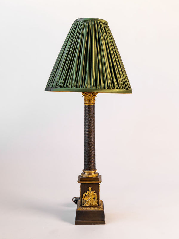 French Empire Style Column Table Lamp with Green Silk Shade