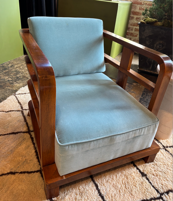 Wooden Armchairs Upholstered in Blue Velvet
