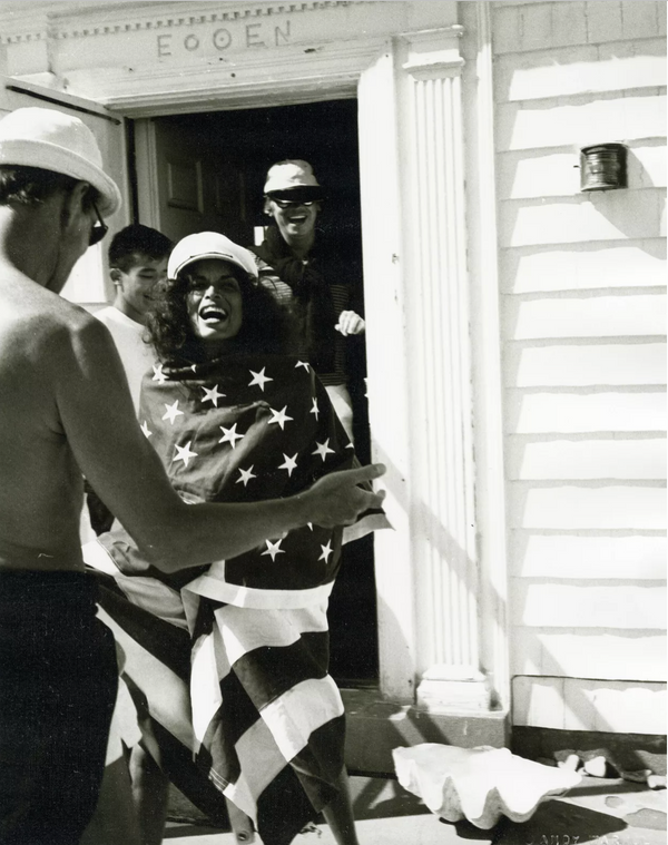 Halston, Benjamin Lui, Bianca Jagger and Christopher Dodd at Warhol's Estate Eothen in Montauk 1982