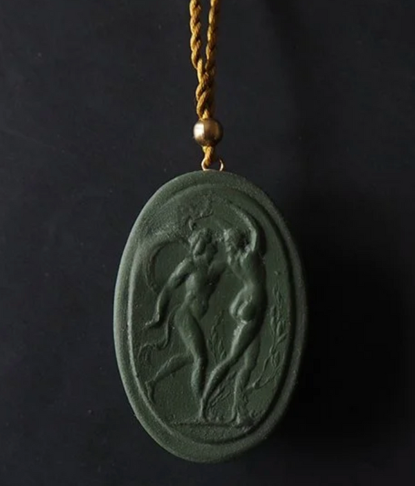 Green Cameo Pendant, Cupid & Psyche, Grey Cord