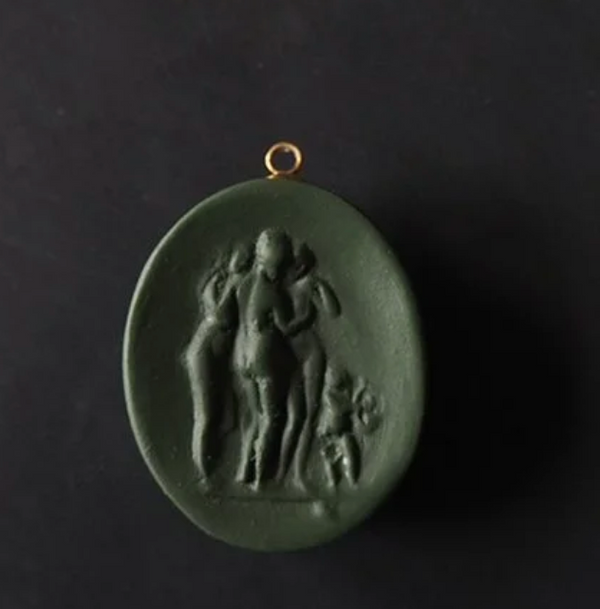 Green Cameo Pendant, Three Graces, Grey Cord