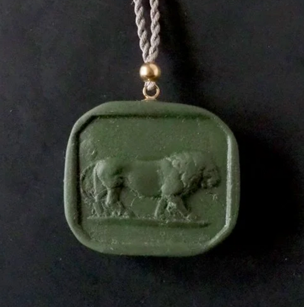 Green Cameo Pendant, Leo, Grey Cord