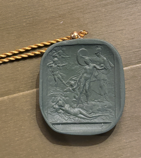 Green Cameo Pendant, Minerva Defending the Arts, Gold  Cord