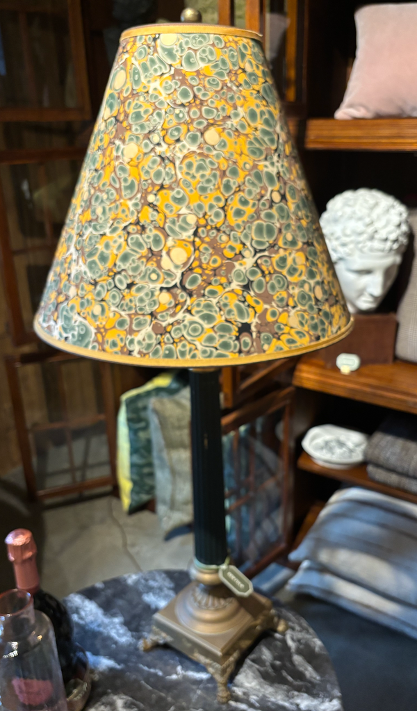 Bronze Column Lamp, with Green Marble Shade