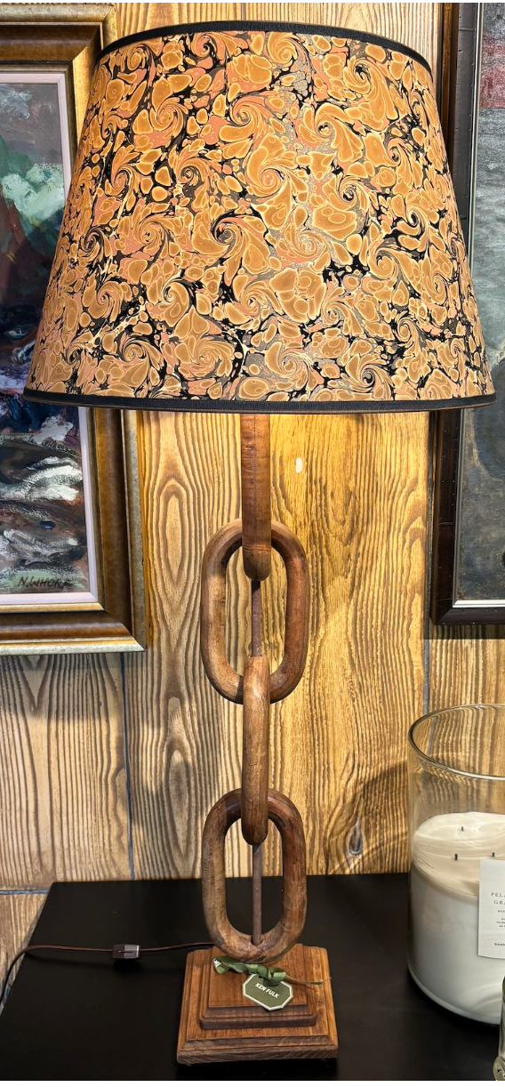 Hand Carved Wood Chain Table Lamp with Marble Shade