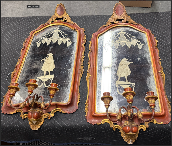 Etched Glass Venetian Mirror Candle Sconce , Pair