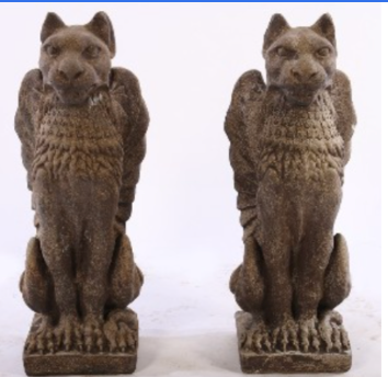 Pair of Antique Cast Stone Seated Winged Griffins