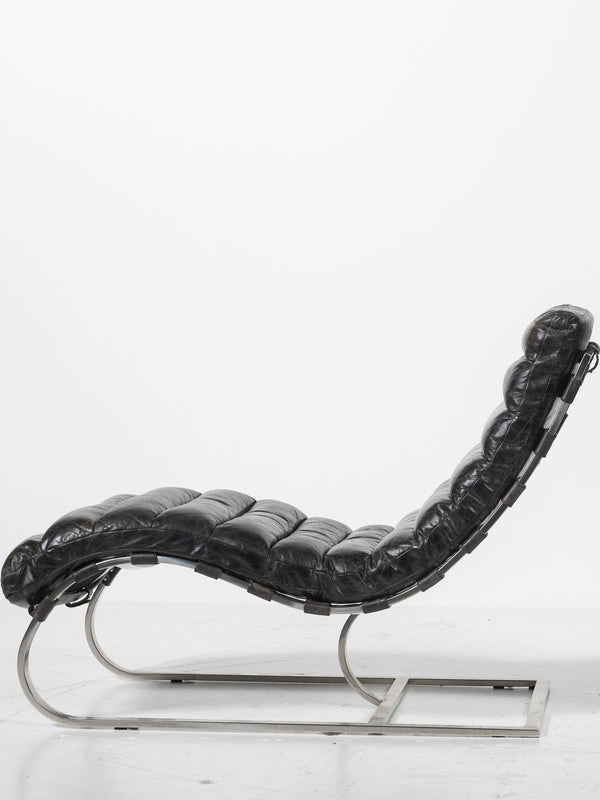Vintage Michel Boyer Chromed Steel & Black Leather Lounger