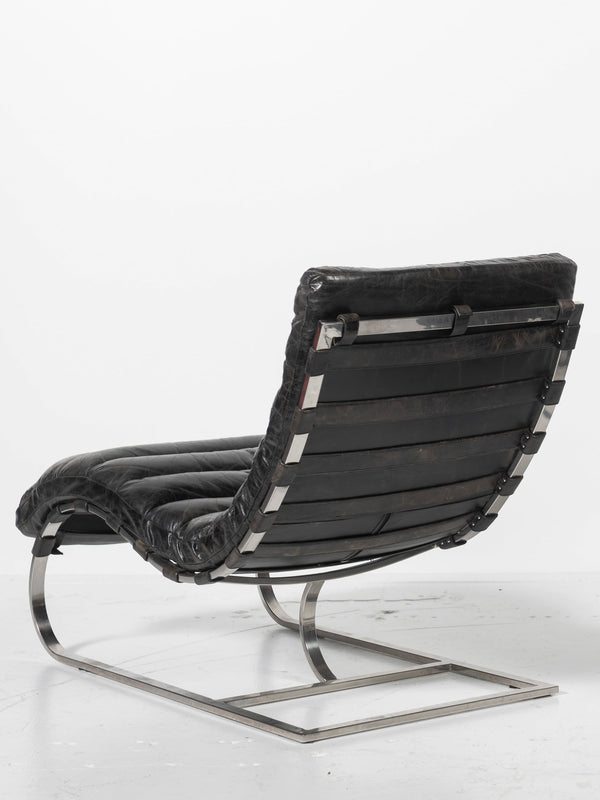 Vintage Michel Boyer Chromed Steel & Black Leather Lounger
