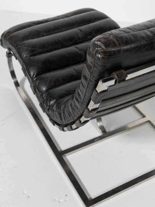 Vintage Michel Boyer Chromed Steel & Black Leather Lounger