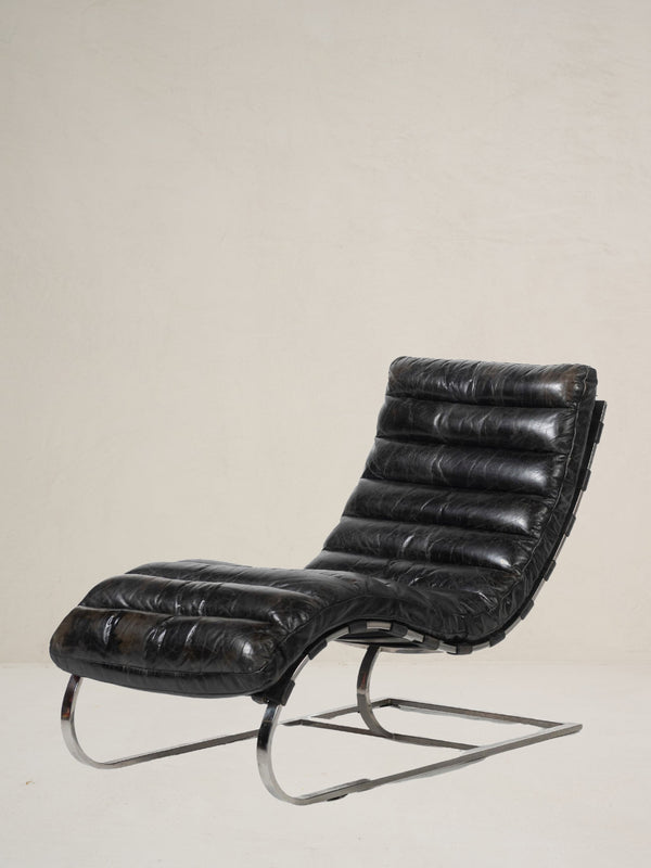 Vintage Michel Boyer Chromed Steel & Black Leather Lounger