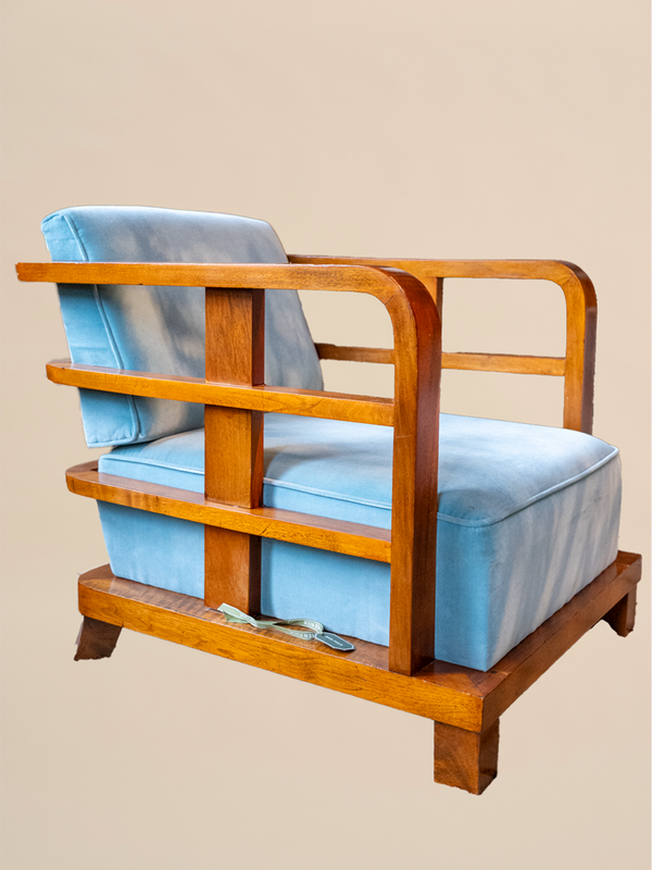 Wooden Armchairs Upholstered in Blue Velvet