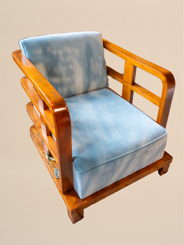 Wooden Armchairs Upholstered in Blue Velvet