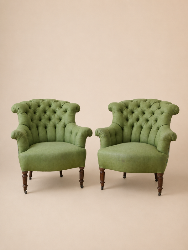 French Tufted Armchairs with Nailhead Details