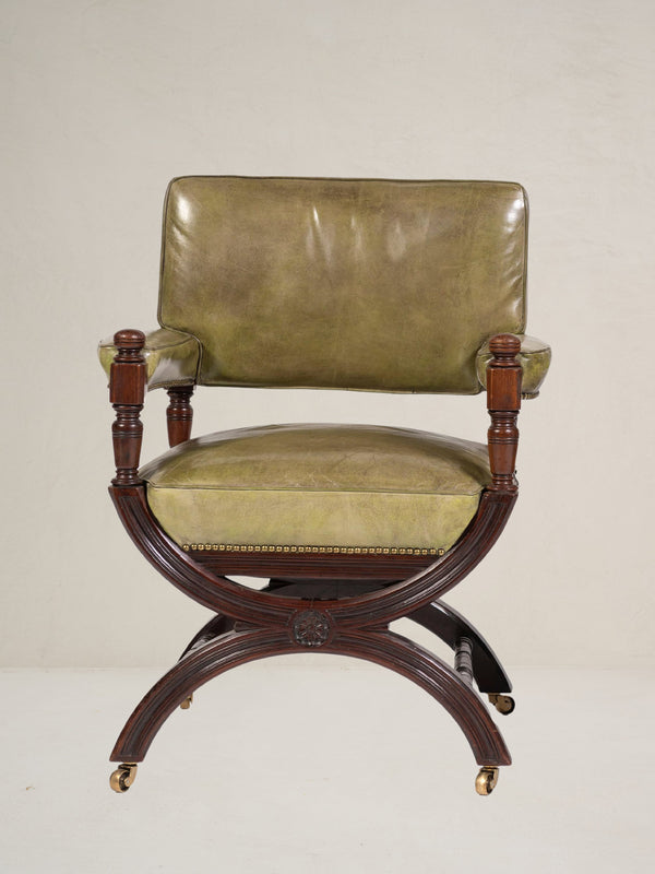 19th Century English Leather and Mahogany Armchair