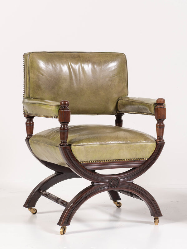 19th Century English Leather and Mahogany Armchair