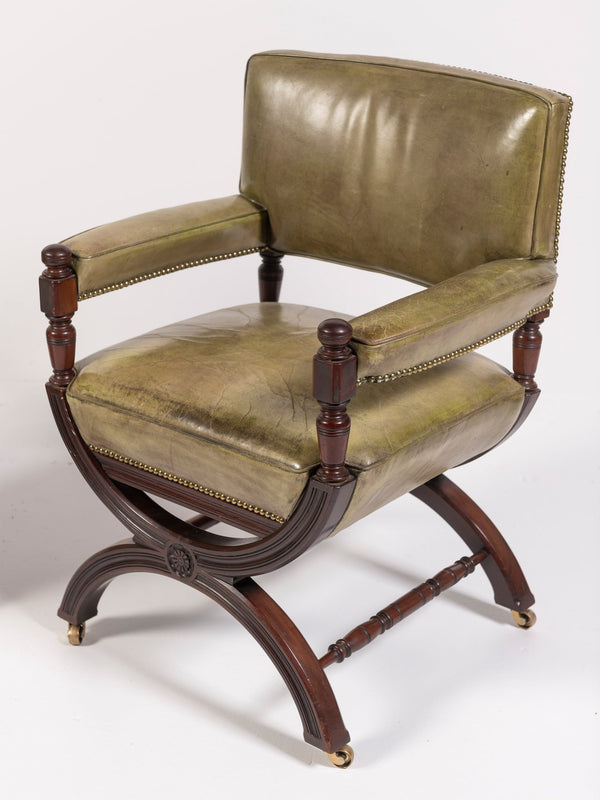 19th Century English Leather and Mahogany Armchair